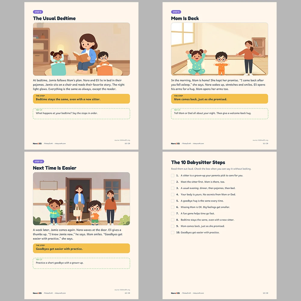 New Babysitter Social Narrative for Kids | 29-Page Printable Big Moment Story Ages 4–8 | Babysitter Goodbye Story Activities
