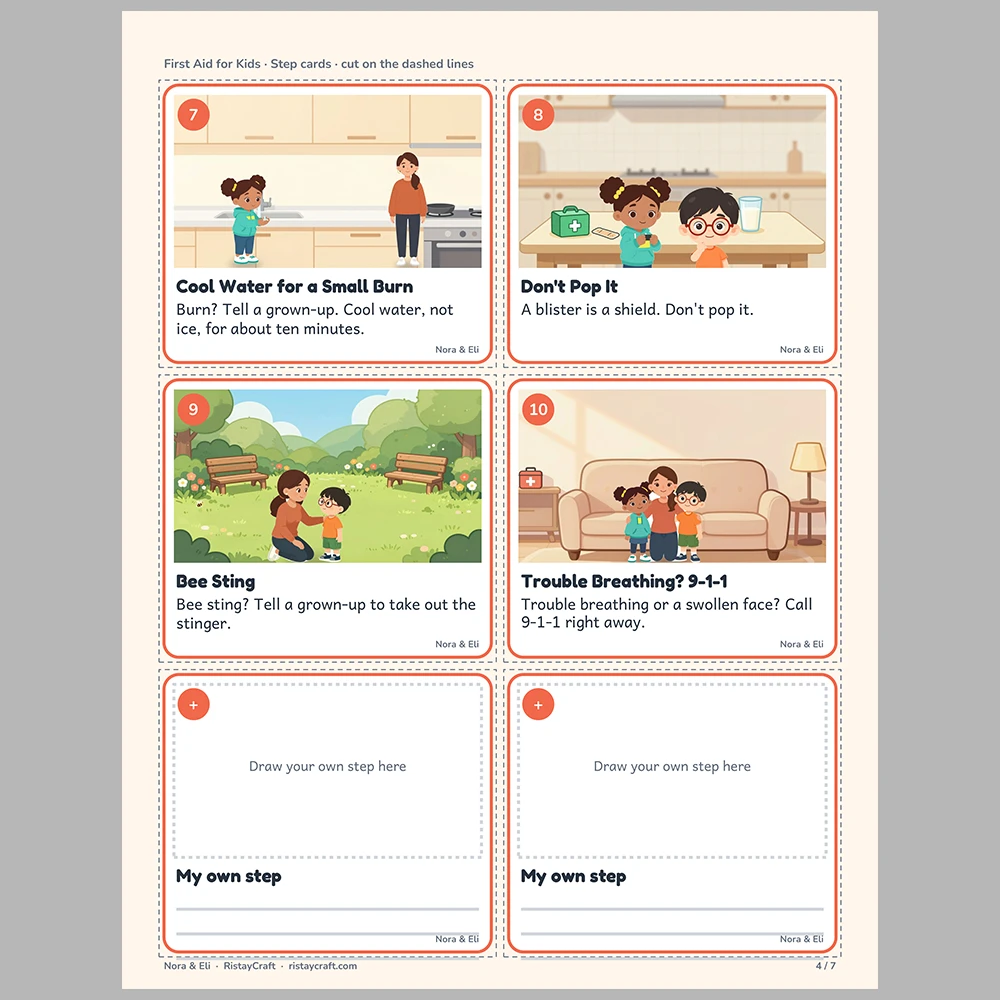 First Aid for Kids Picture Step Cards | Printable Visual Sequence Cards for Kids Ages 5–8 | Safety Rules Companion