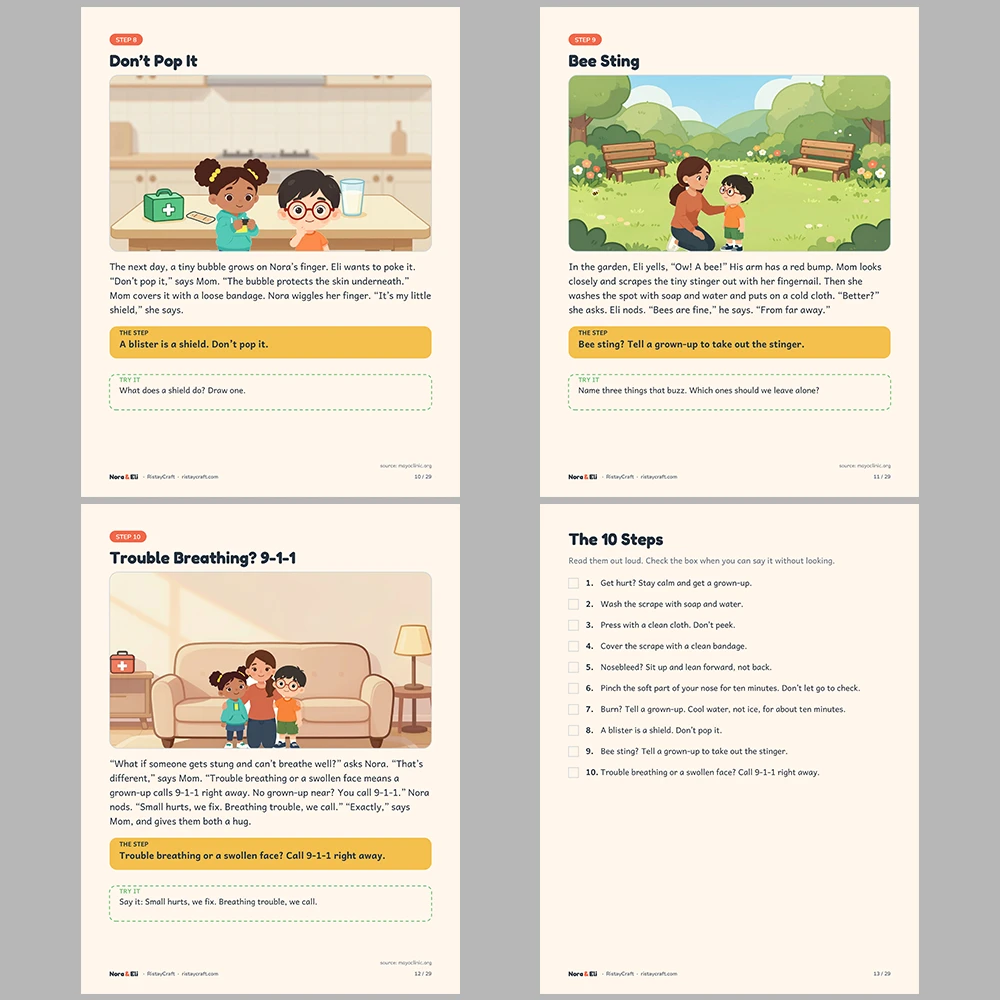 First Aid for Kids Printable | 29-Page Small Hurts First Aid Workbook Ages 5–8 | Scrapes Nosebleeds Stings Stories Activities
