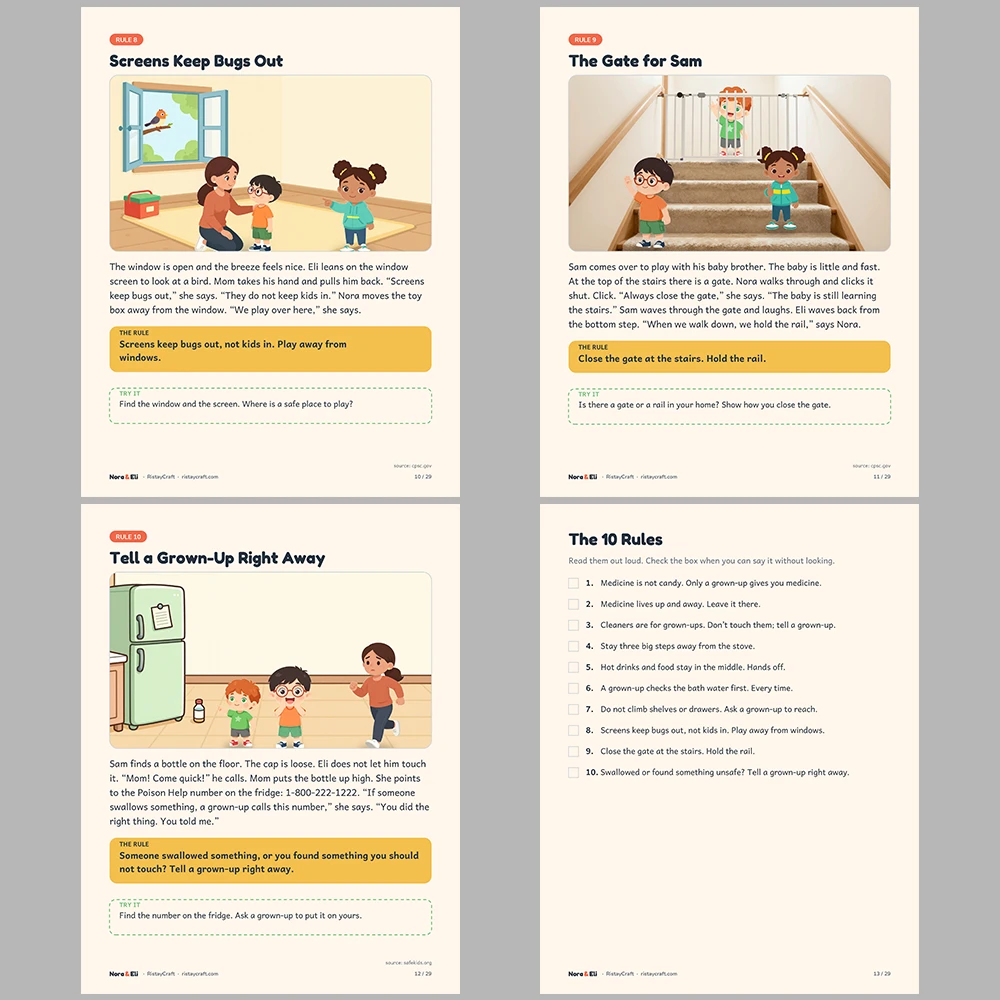 Home Safety for Kids Printable | 29-Page Safe at Home Workbook Ages 5–8 | Medicine Stove Window Rules Stories Activities