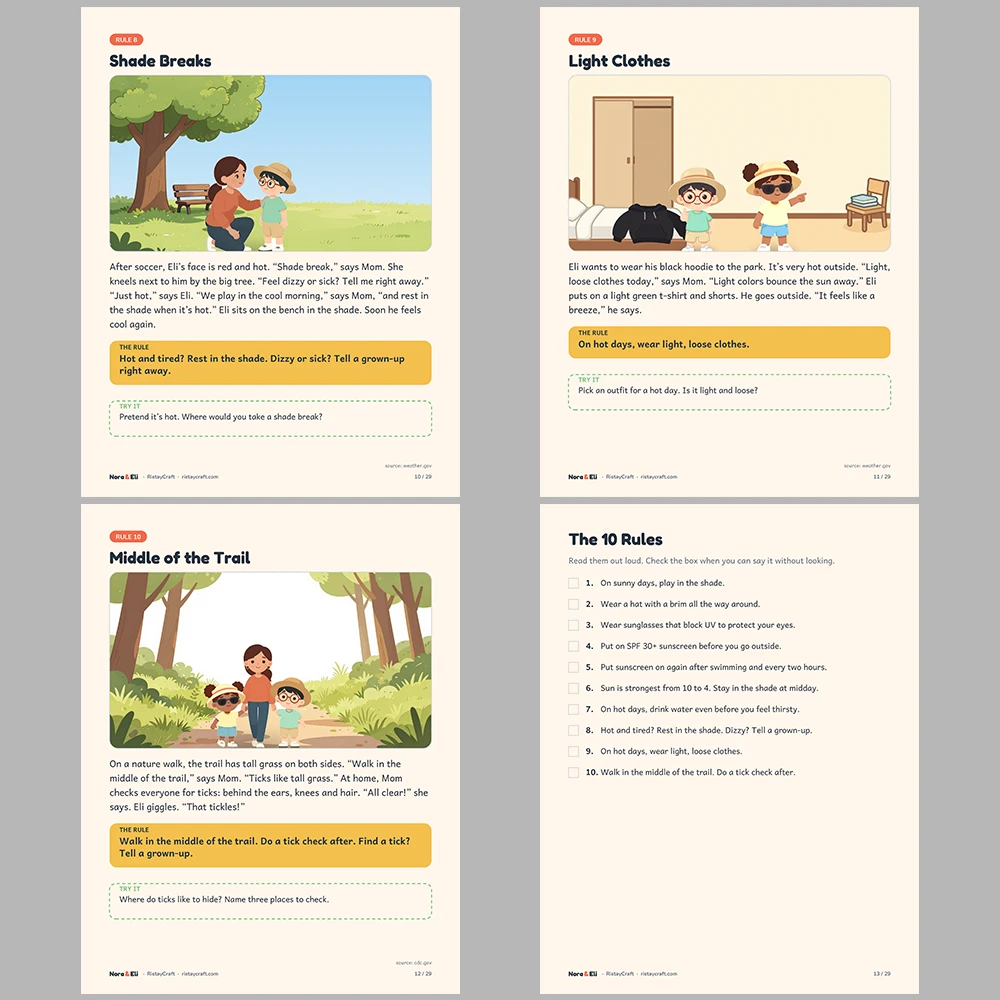 Sun Safety for Kids Printable | 29-Page Summer Heat and Sunscreen Workbook Ages 5–8 | Shade Hat Water Stories Activities