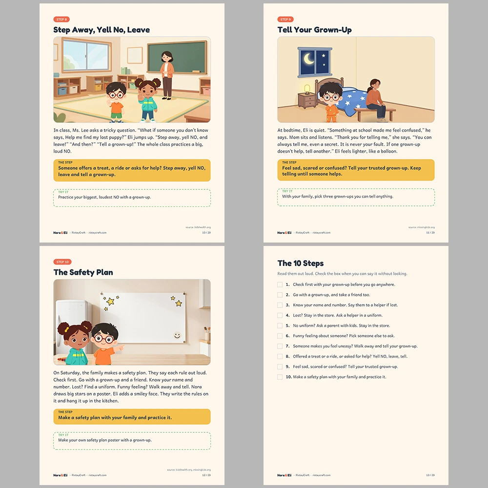Stranger Safety for Kids Printable | 29-Page Lost Child and Safe Helpers Workbook Ages 5–8 | Check First Stories Activities