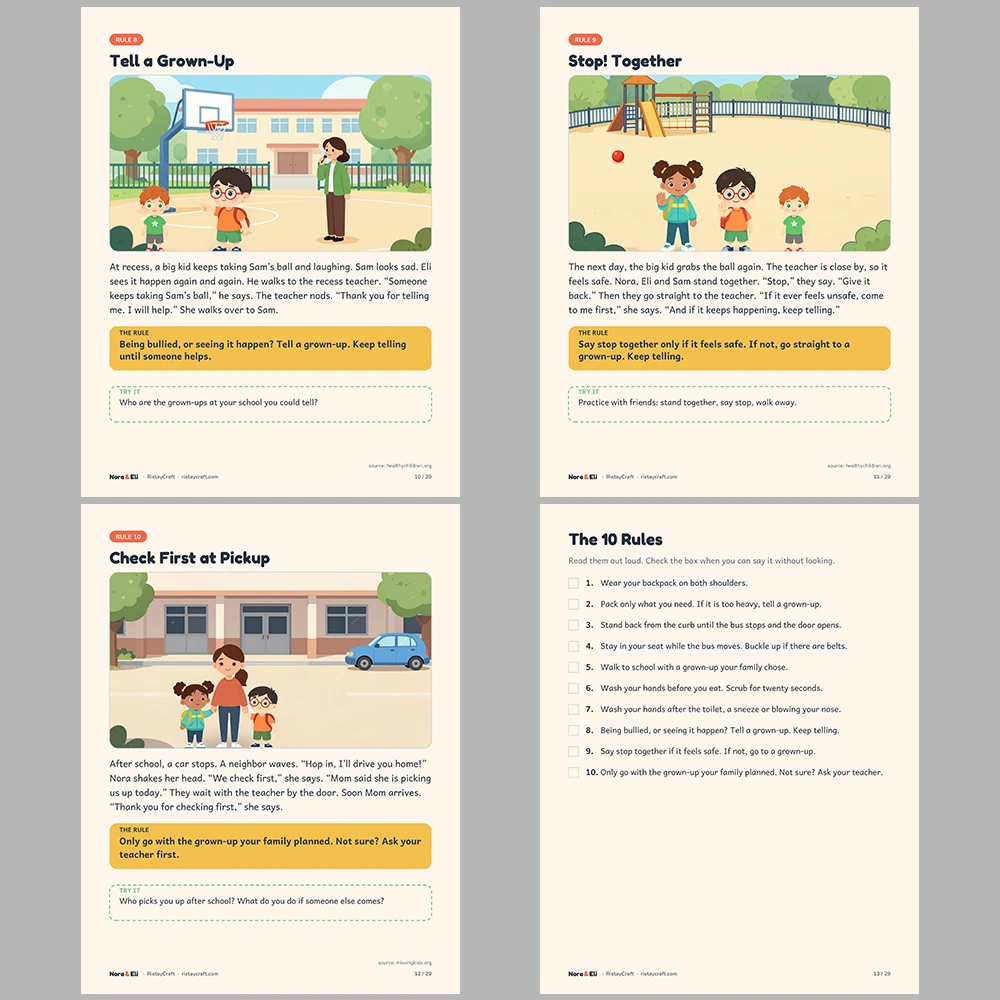School Safety for Kids Printable | 29-Page Back to School Rules Workbook Ages 5–8 | Bus Handwashing Bullying Stories Activities