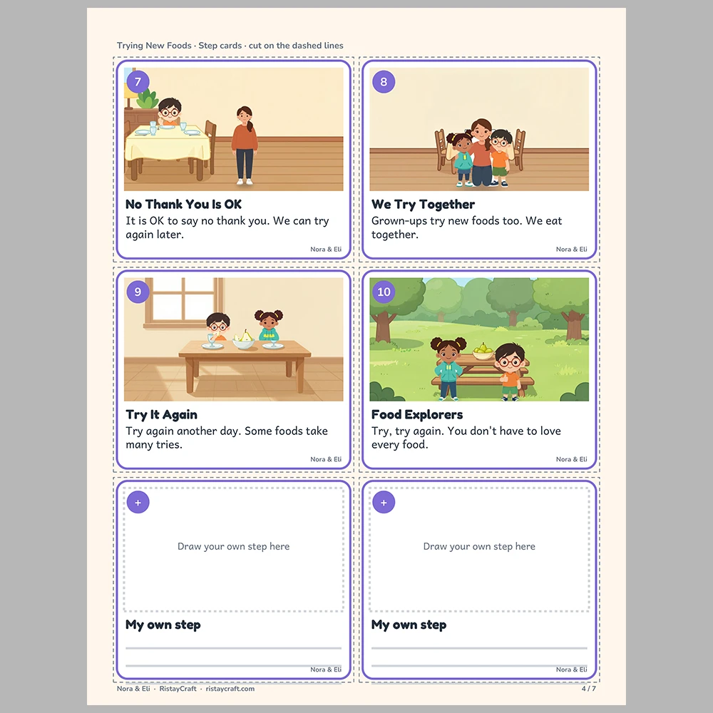 Trying New Foods Picture Step Cards | Printable Visual Sequence Cards for Kids Ages 4–8 | Social Narrative Companion