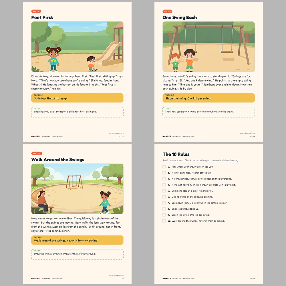Playground Safety for Kids Printable | 29-Page Recess and Park Safety Workbook Ages 5–8 | Stories Activities