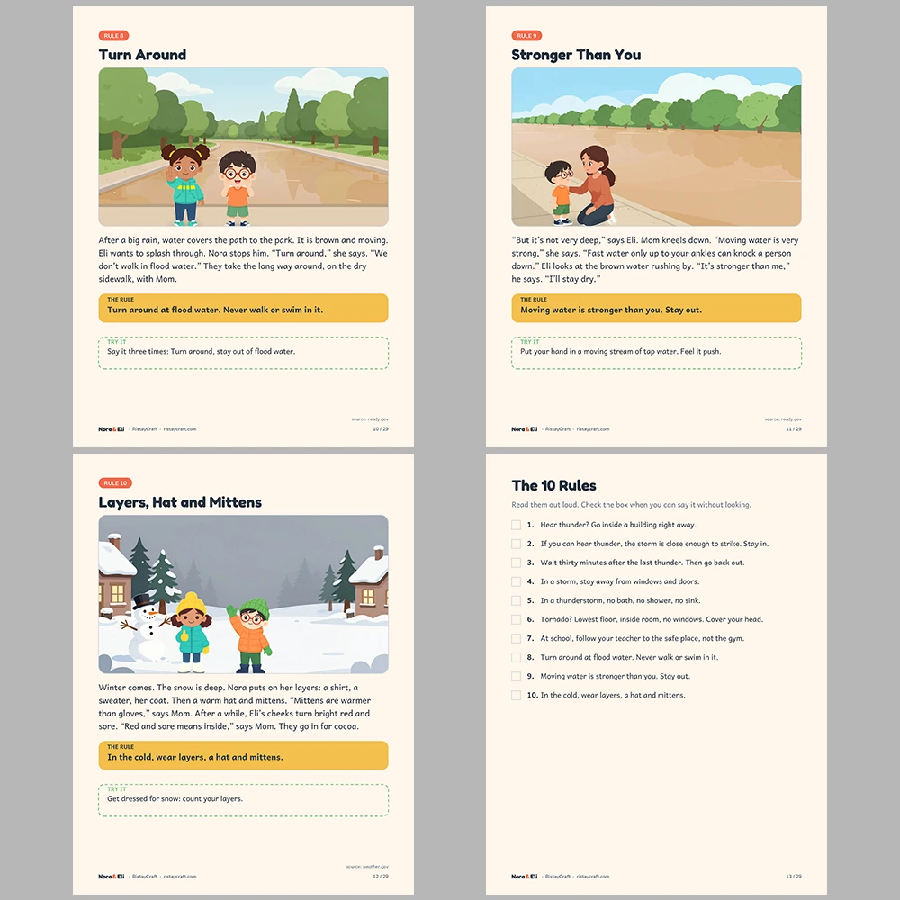 Weather Safety for Kids Printable | 29-Page Storm Tornado Flood Safety Workbook Ages 5–8 | Stories Activities