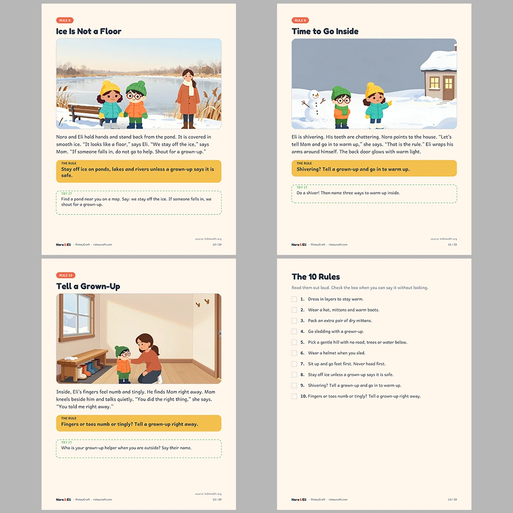 Winter Safety for Kids Printable | 29-Page Snow and Ice Safety Workbook Ages 5–8 | Sledding Layers Cold Weather Activities
