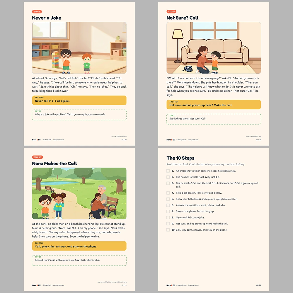 How to Call 911 for Kids Printable | 29-Page Emergency Safety Workbook Ages 5–8 | Stories Activities Address Card
