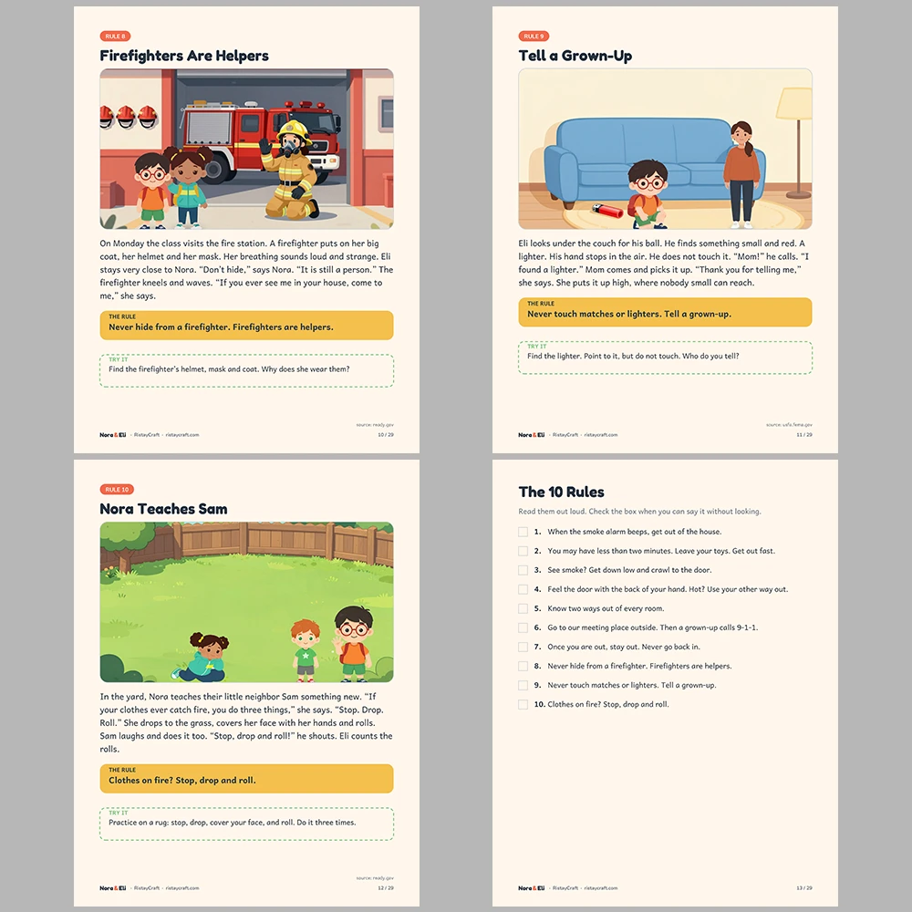 Fire Safety for Kids Printable | 29-Page Fire Drill and Escape Plan Workbook Ages 5–8 | Smoke Alarm Stories Activities