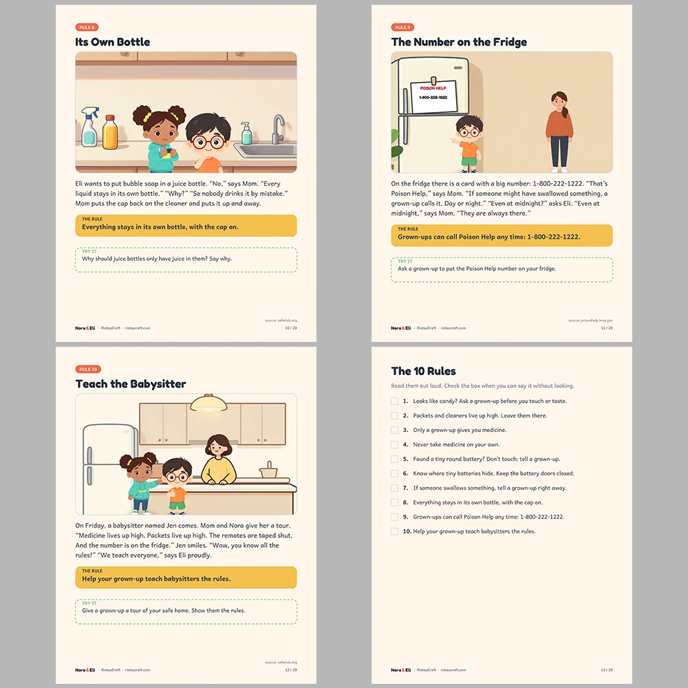 Poison Safety for Kids Printable | 29-Page Medicine Battery and Laundry Packet Safety Workbook Ages 5–8 | Stories Activities