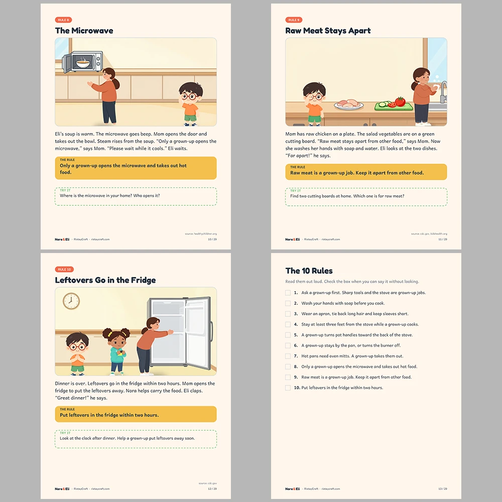 Kitchen Safety for Kids Printable | 29-Page Cooking Safety Workbook Ages 5–8 | Stove Hot Pan Handwashing Stories Activities