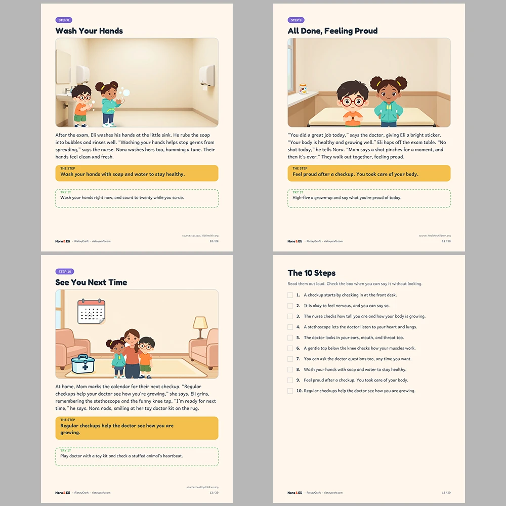 Doctor Checkup Social Narrative for Kids | 29-Page Printable Big Moment Story Ages 4–8 | Well-Child Visit Story Activities