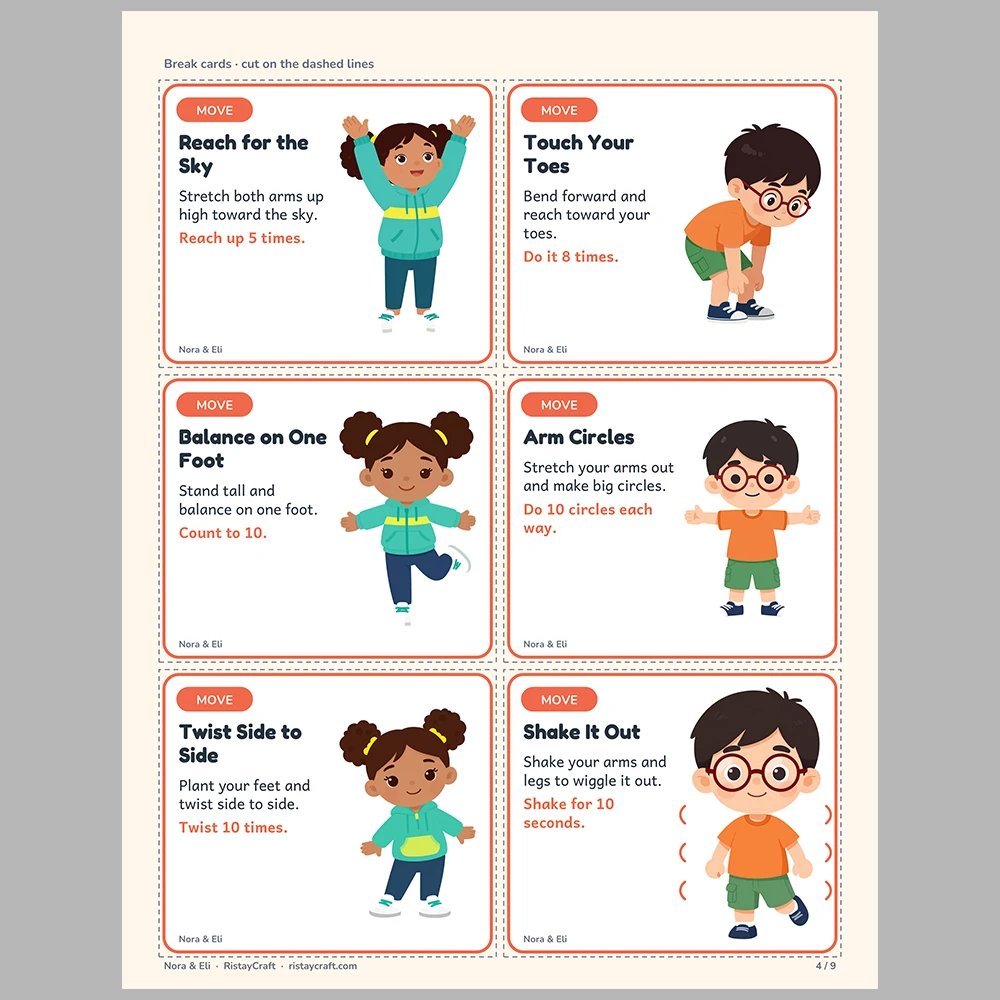 Movement & Calm Break Cards for Kids, Printable Brain Break Cards Ages 4-8, Classroom Calm Corner, Nora & Eli