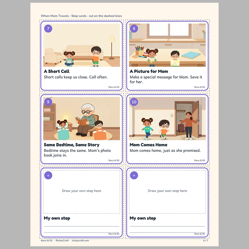 When Mom Travels Picture Step Cards | Printable Visual Sequence Cards for Kids Ages 4–8 | Social Narrative Companion