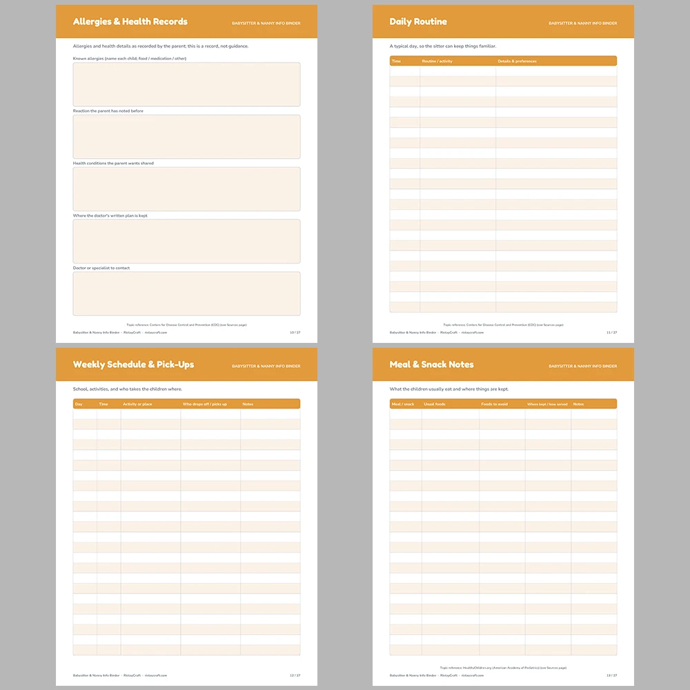 Babysitter Binder Printable | Nanny Info Sheet | Emergency Contacts, Child Profile, Bedtime Routine, Sitter Notes | Instant Download PDF