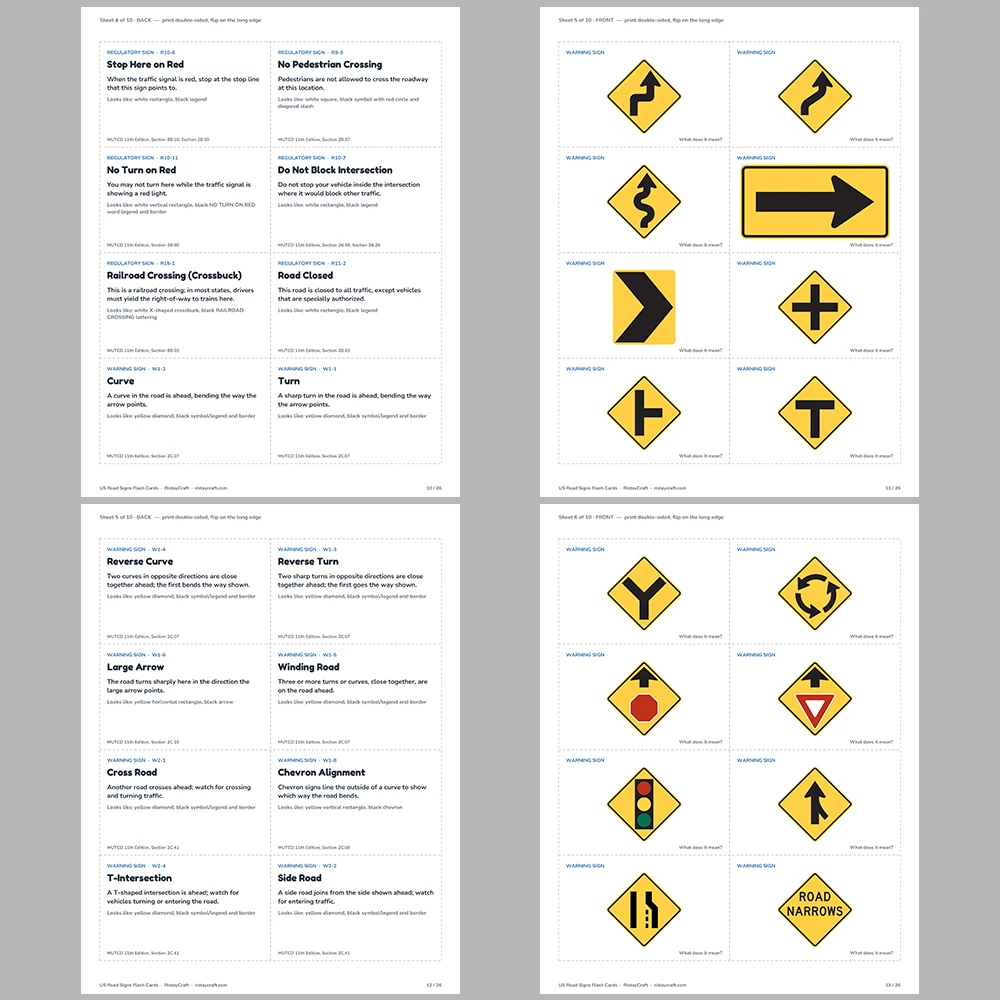 US Road Signs Flash Cards | 75 Real US Traffic Signs with Meanings | Driver’s Ed & Permit Test Study Cards | Printable PDF