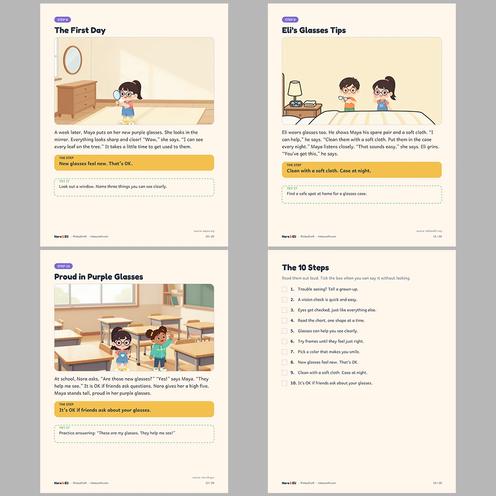 Getting Glasses Social Narrative for Kids | 29-Page Printable Big Moment Story Ages 4–8 | Eye Exam Frames Activities