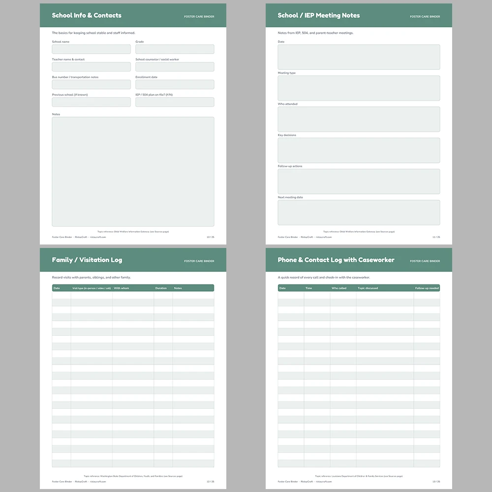 Foster Care Binder Printable | Foster Parent Organizer | Placement, Medical, School & Contact Log | Instant Download PDF