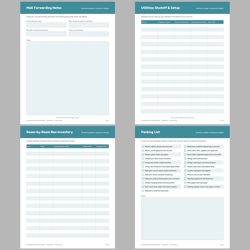 Moving Planner Binder Printable | Moving Checklist, Box Inventory, Budget & Address Change List | Instant Download PDF