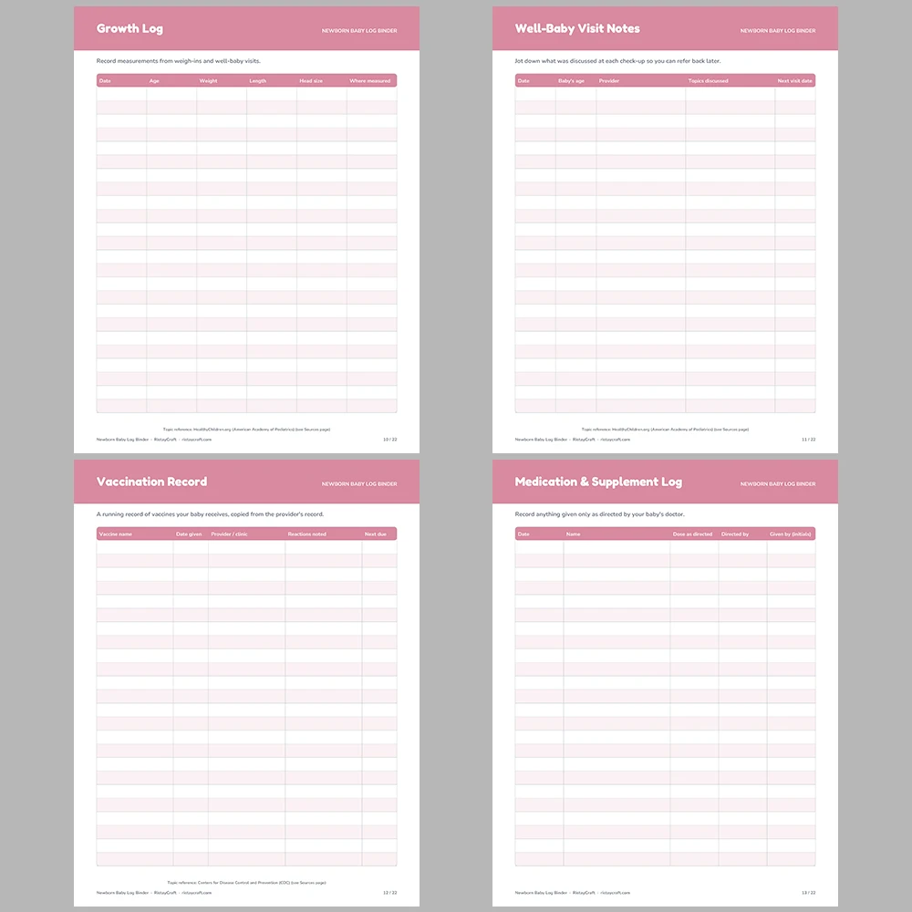 Newborn Baby Log Binder Printable | Feeding, Sleep, Diaper & Growth Tracker | Baby Planner Instant Download PDF