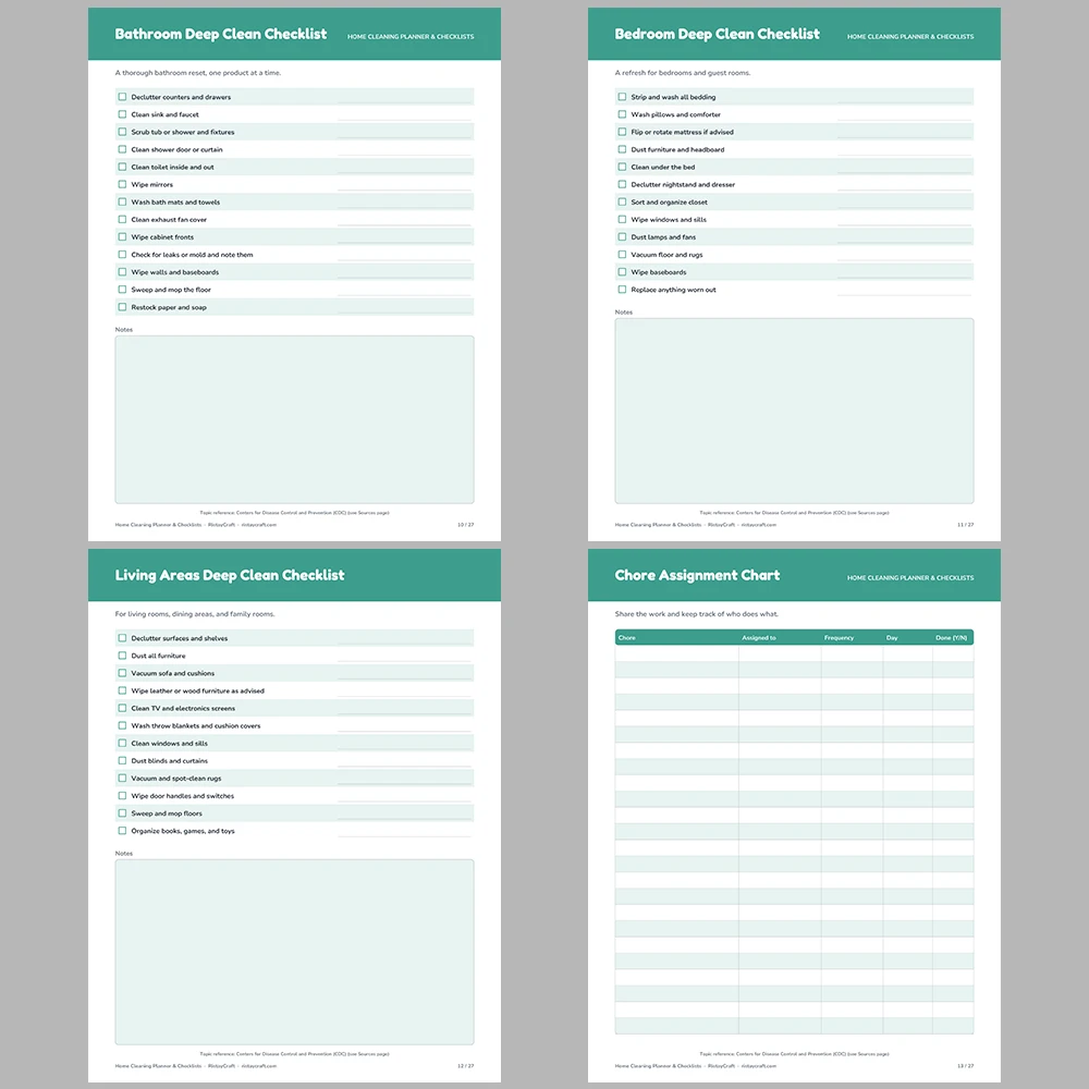 Home Cleaning Planner Printable | Cleaning Checklists, Chore Chart, Deep Clean Room Lists, Supplies Inventory & Calendar | Fillable PDF