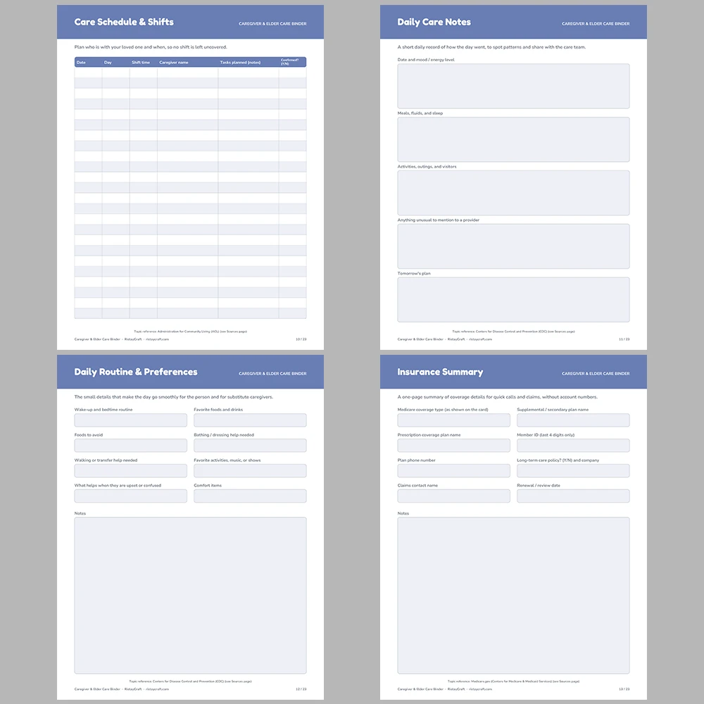 Caregiver Binder Printable | Elder Care Organizer | Medication, Appointments, Care Schedule & Handoff Log | Instant Download PDF