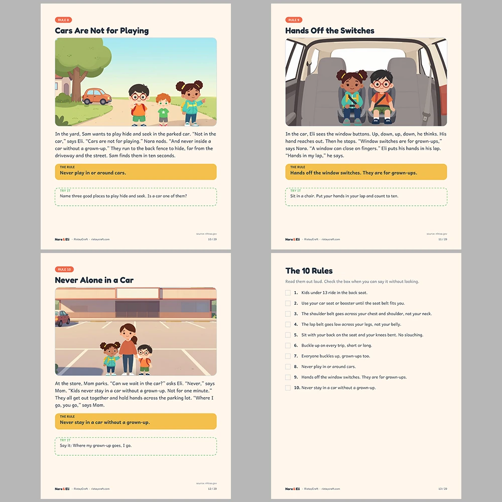 Car Safety for Kids Printable | 29-Page Seat Belt and Booster Seat Workbook Ages 5–8 | Buckle Up Stories Activities