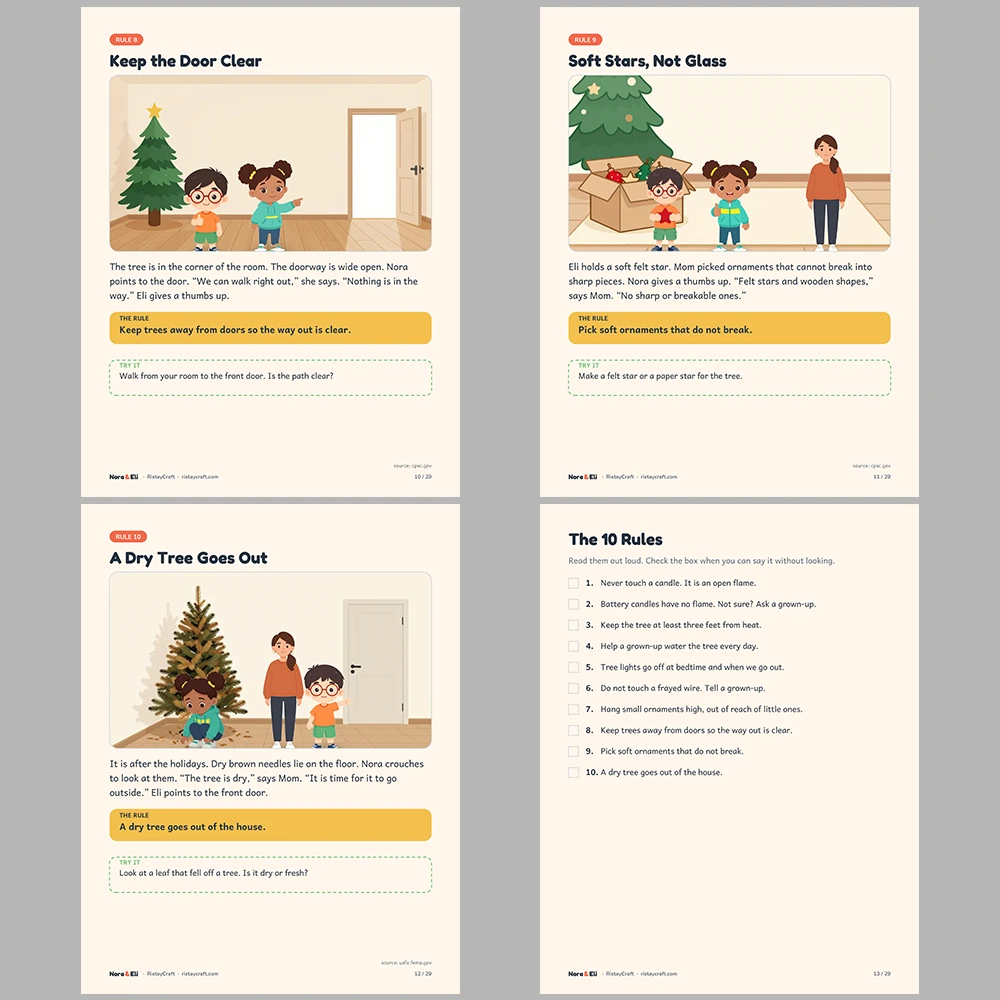 Holiday Safety for Kids Printable | 29-Page Christmas Tree Candle and Lights Safety Workbook Ages 5–8 | December Activities