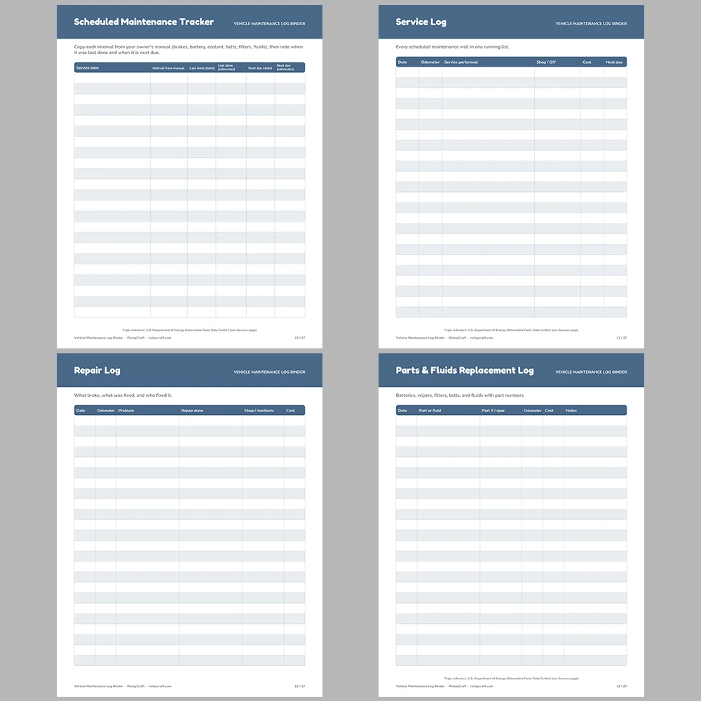 Vehicle Maintenance Log Binder Printable | Car Service Record, Oil Change Log, Fuel Log, Repair Log | Fillable PDF Download