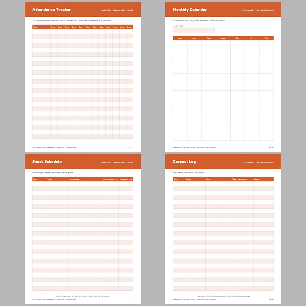 Team Parent Binder Printable | Youth Sports Manager Organizer | Roster, Snack Schedule, Carpool Log, Game Day Checklist | Instant PDF