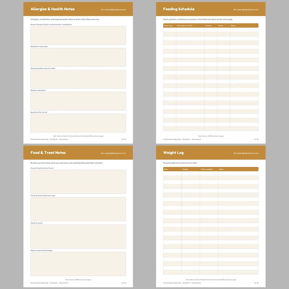 Pet Care Binder Printable | Dog & Cat Health Record, Vaccination Log, Feeding Schedule, Pet Sitter Sheet | Instant Download PDF