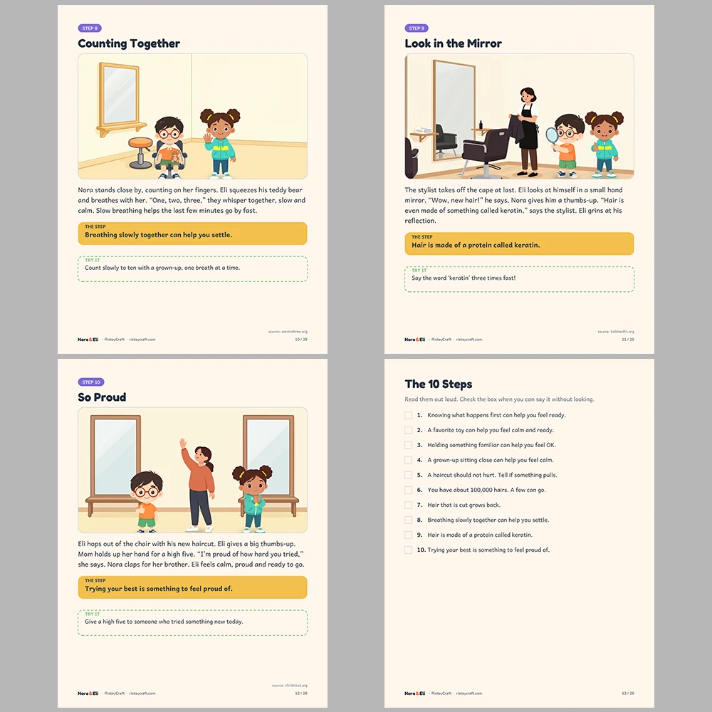 Getting a Haircut Social Narrative for Kids | 29-Page Printable Big Moment Story Ages 4–8 | Calm Coping Sensory Tips Activities