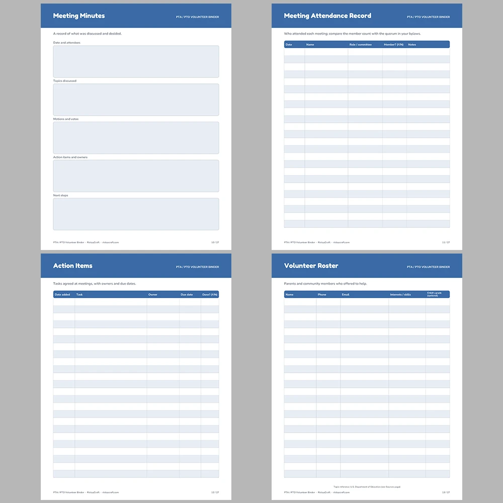 PTA Binder Printable | PTO Volunteer Organizer | Meeting Minutes, Event Planner, Fundraiser Tracker, Budget Log | Instant Download PDF
