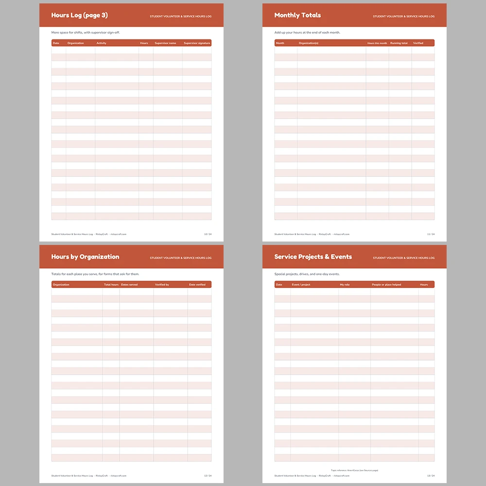 Student Volunteer Hours Log Printable | Community Service Tracker with Supervisor Signature | Instant Download PDF