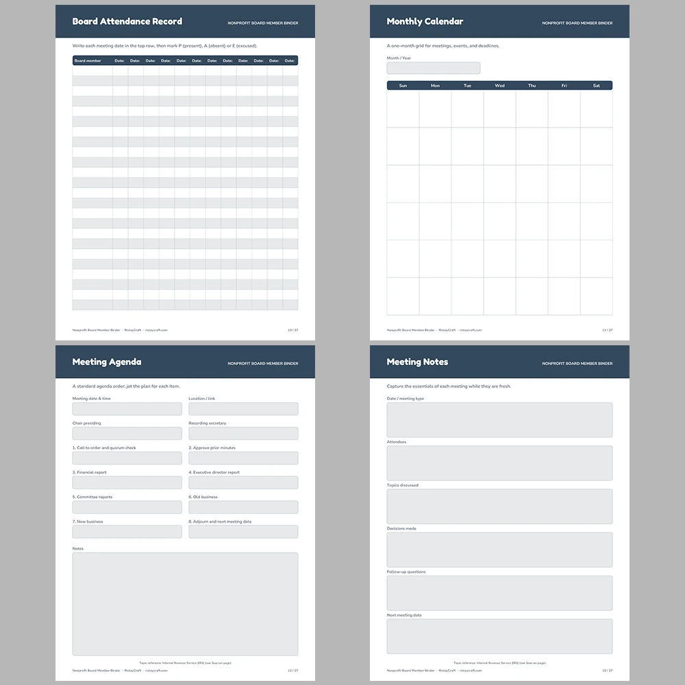 Nonprofit Board Member Binder Printable | Board Roster, Committees, Meeting Notes, Action Items & Donor Log | Fillable PDF Organizer