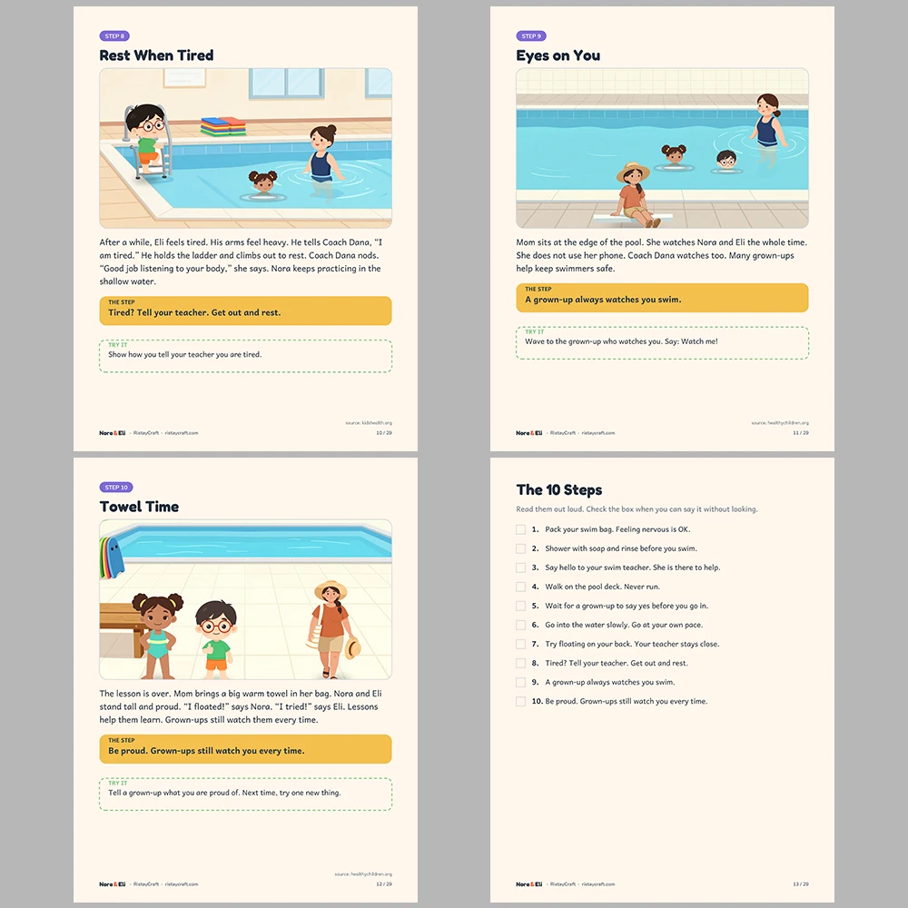 First Swimming Lesson Social Narrative for Kids | 29-Page Printable Big Moment Story Ages 4–8 | Swim Class Pool Story Activities
