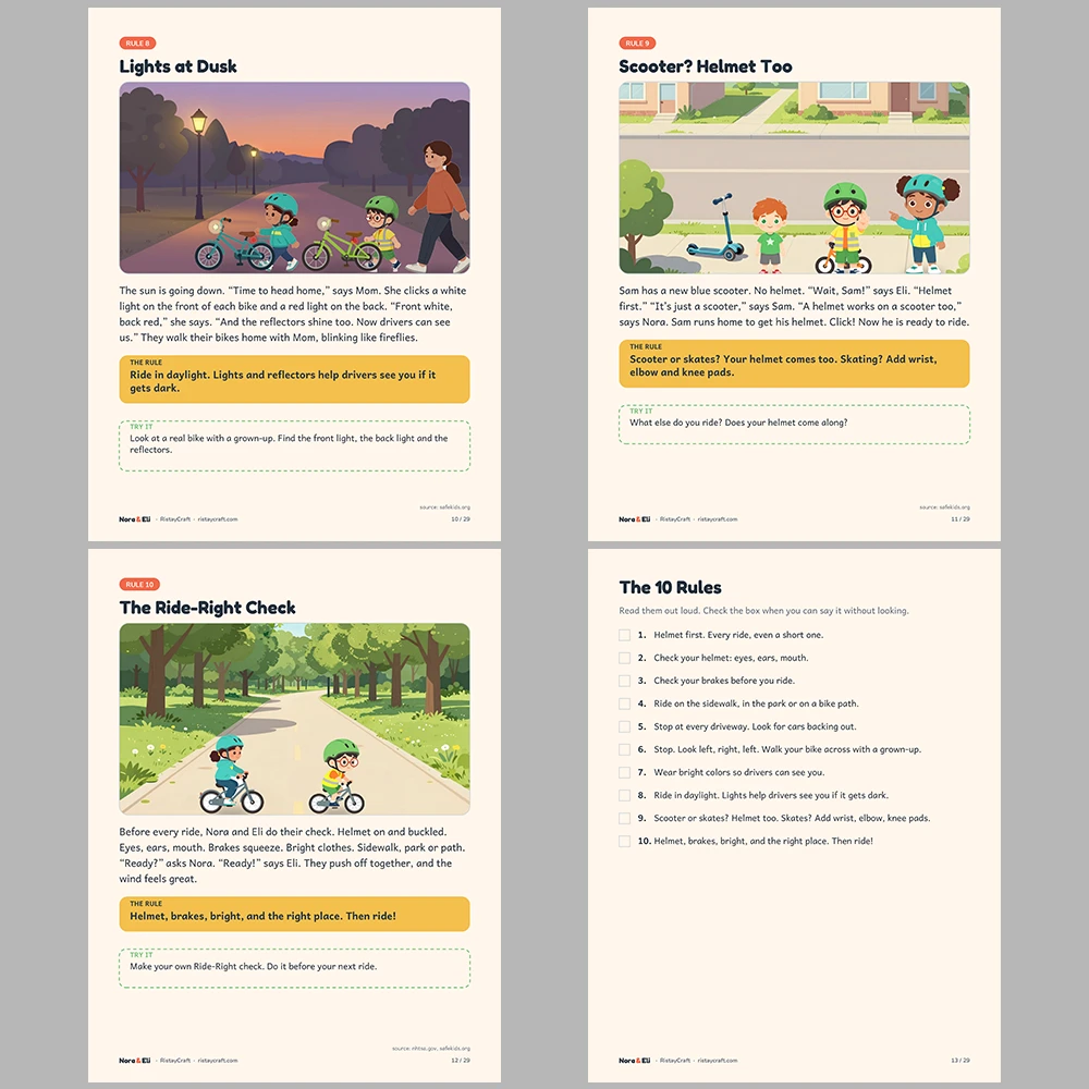 Bike Safety for Kids Printable | 29-Page Bike and Scooter Helmet Safety Workbook Ages 5–8 | Stories Activities