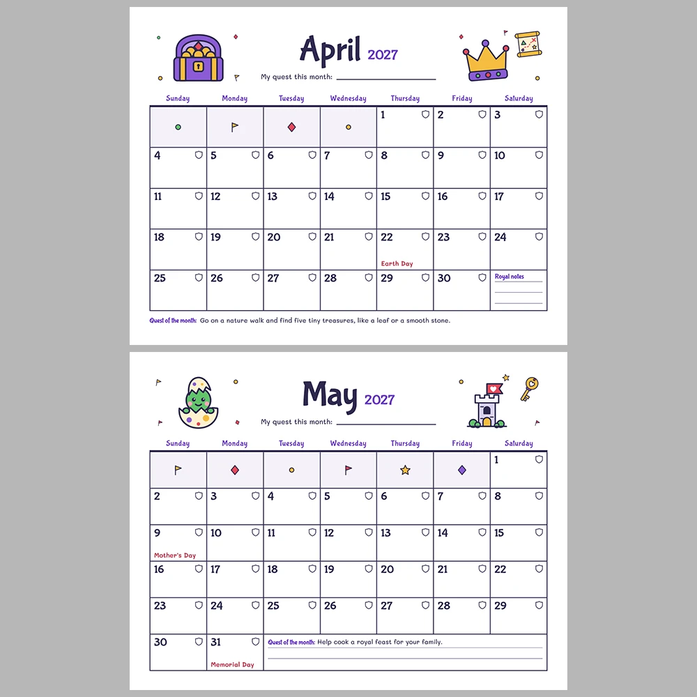 2027 Kids Calendar Printable | Castle & Dragons Monthly Calendar with Activities | Sunday & Monday Start | Letter A4 Desk Pad PDF