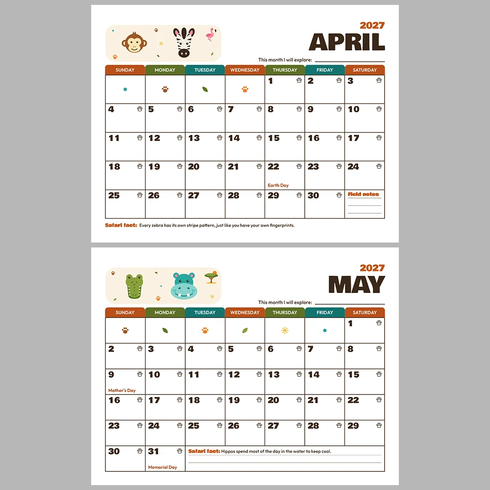 2027 Kids Calendar Printable | Safari Adventure Monthly Calendar with Activities | Sunday & Monday Start | Letter A4 Desk Pad PDF