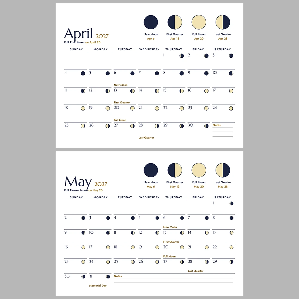 2027 Moon Phases Calendar Printable | Lunar Phase Monthly Wall Calendar | Sunday & Monday Start | Letter A4 Desk Pad PDF