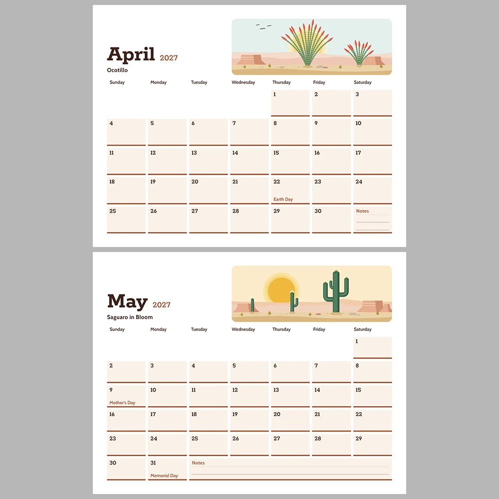 2027 Desert Southwest Calendar Printable | Cactus Desert Art Monthly Wall Calendar | Sunday & Monday Start | Letter A4 Desk Pad PDF