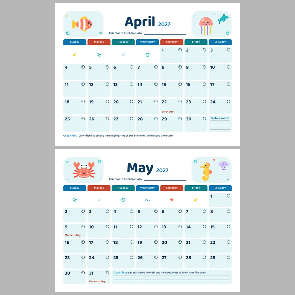 2027 Kids Calendar Printable | Ocean Friends Monthly Calendar with Activities | Sunday & Monday Start | Letter A4 Desk Pad PDF