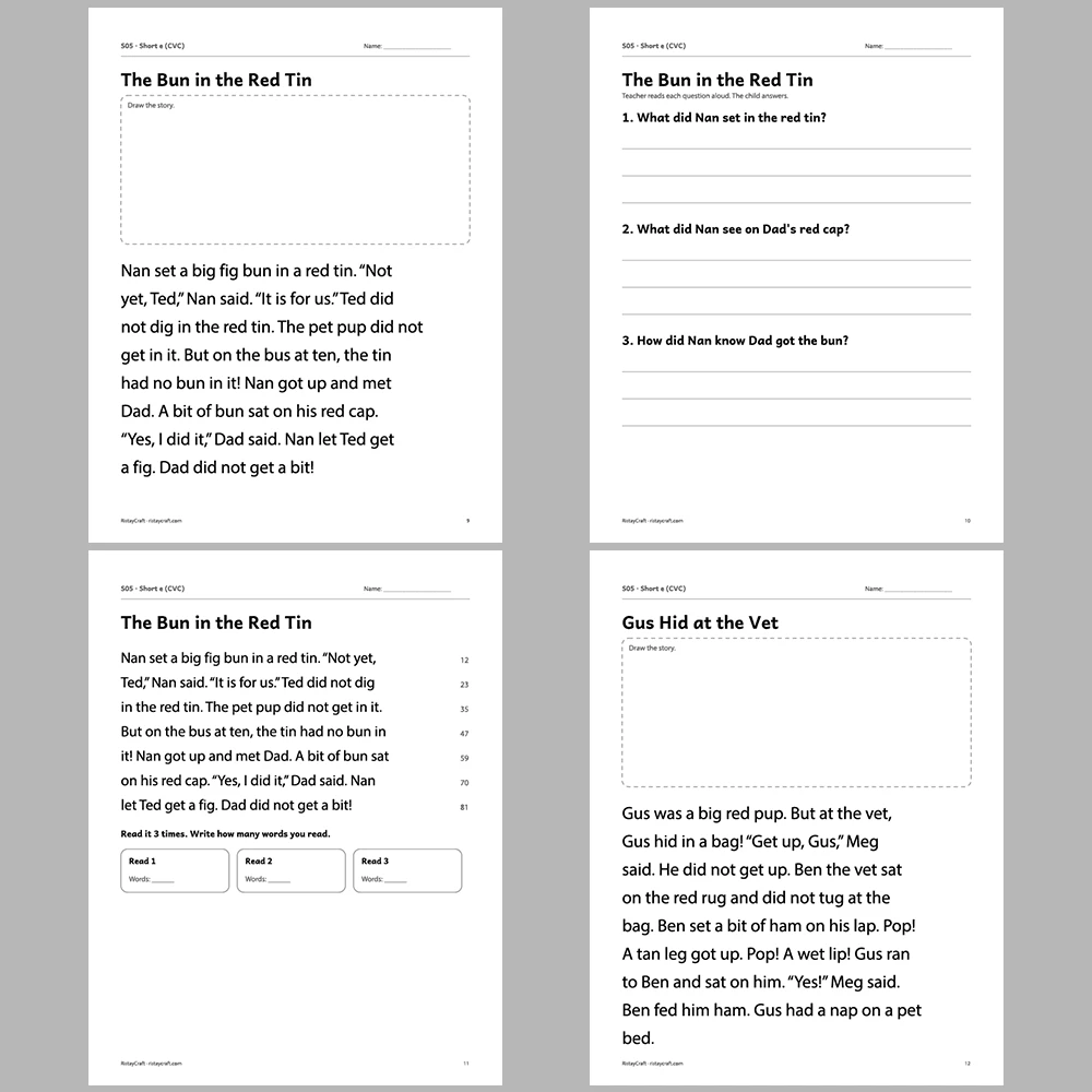 Short e (CVC) Decodable Readers | 8 Stories 38 Pages | Phonics Printable PDF | Ages 5-6