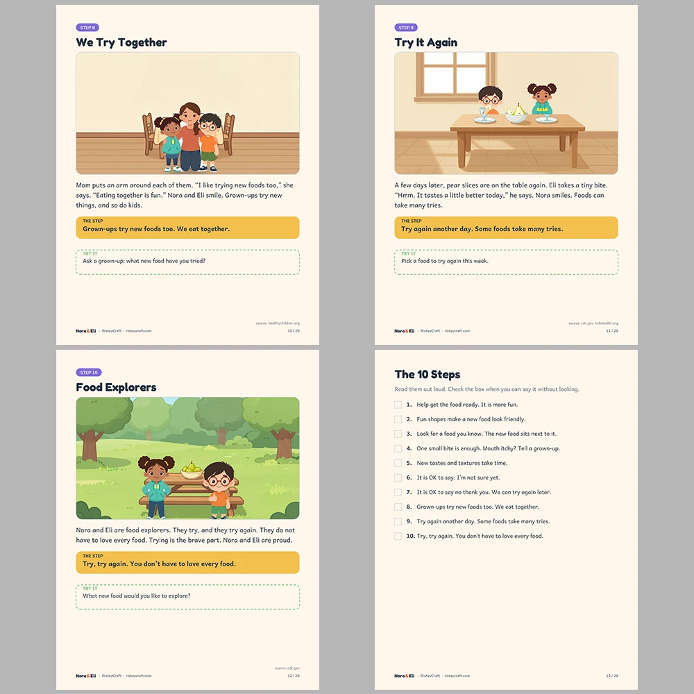 Trying New Foods Social Narrative for Kids | 29-Page Printable Big Moment Story Ages 4–8 | Picky Eater Mealtime Story Activities