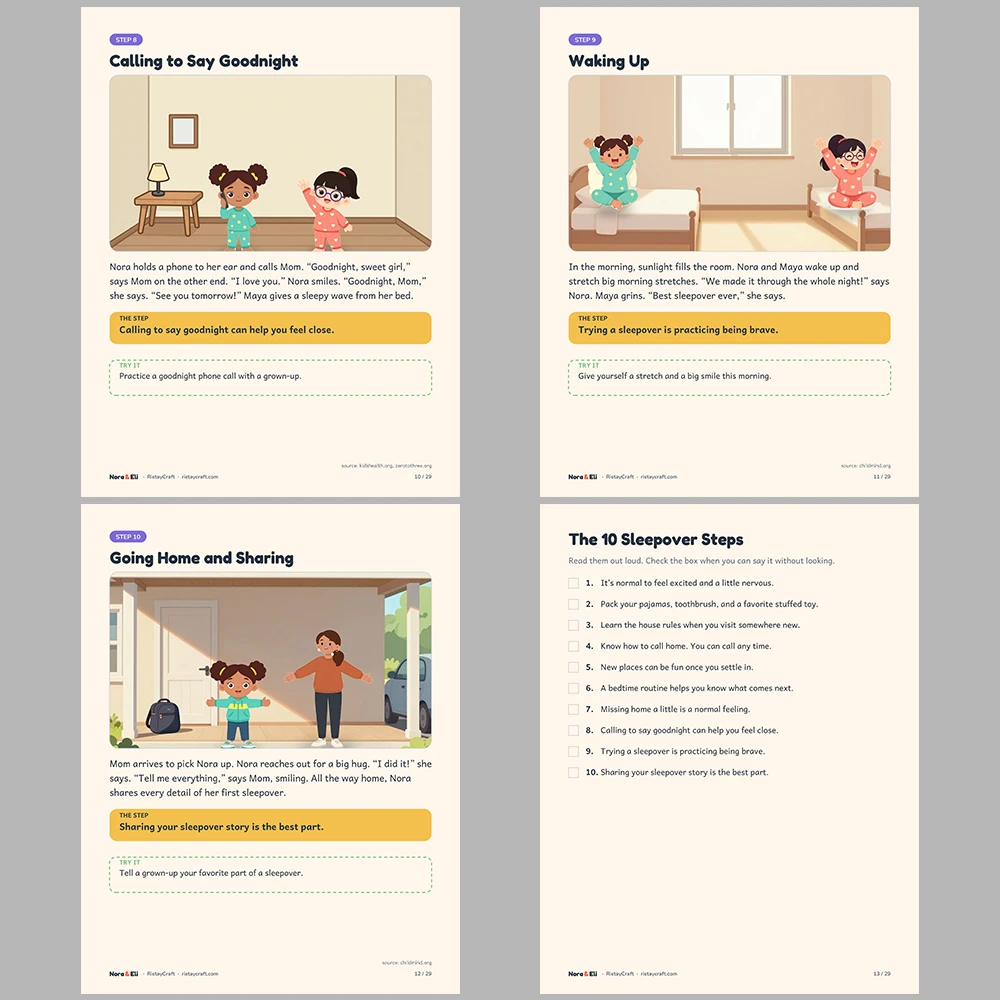 First Sleepover Social Narrative for Kids | 29-Page Printable Big Moment Story Ages 4–8 | Packing Bedtime Homesick Activities