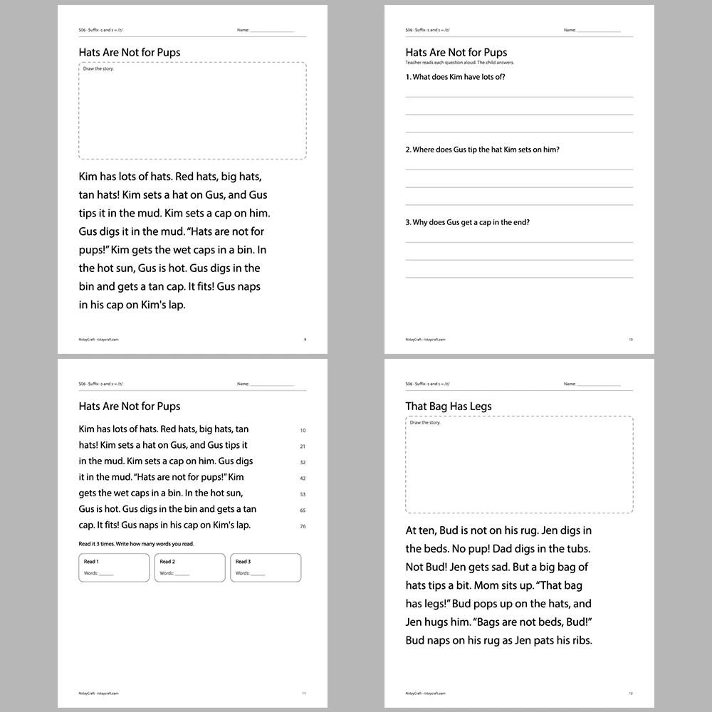 Suffix -s and s = /z/ Decodable Readers | 8 Stories 38 Pages | Phonics Printable PDF | Ages 5-6