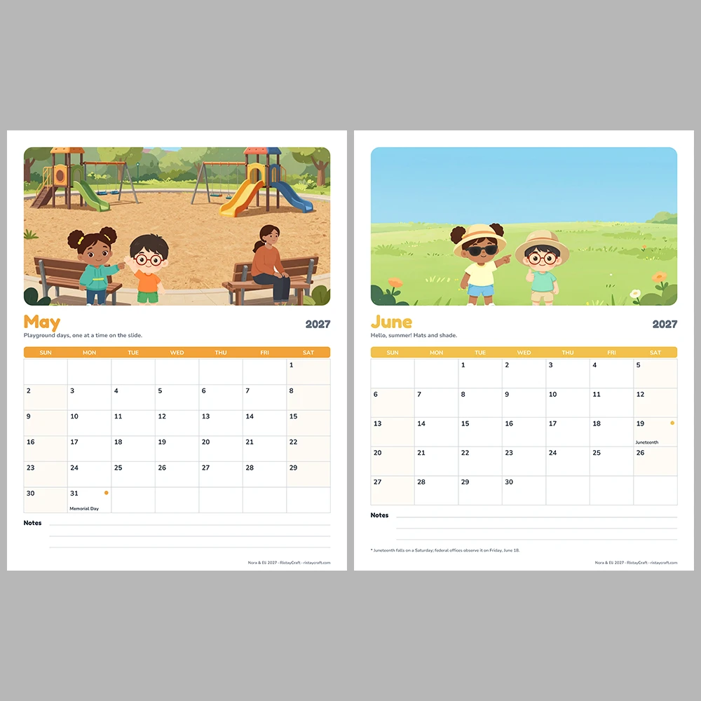 2027 Printable Calendar for Kids | Nora & Eli Monthly Wall Calendar with US Holidays | Family Planner Letter A4 PDF