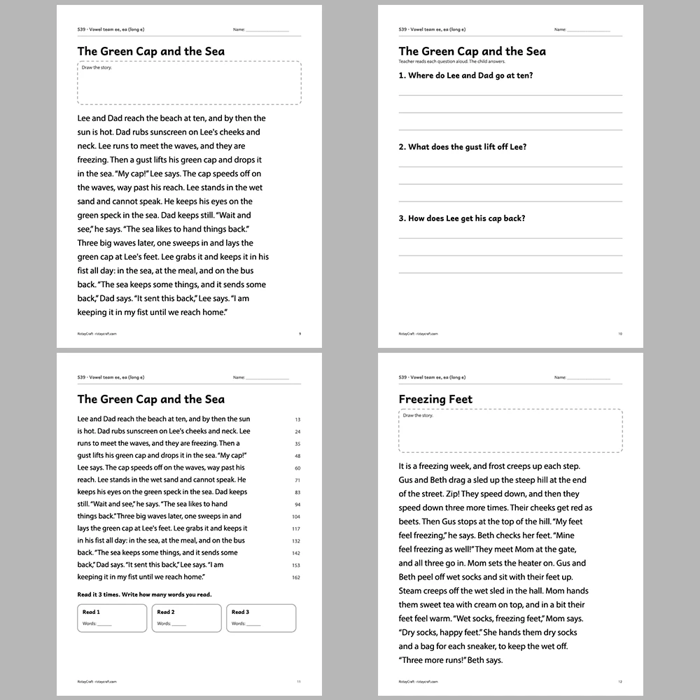 Vowel team ee, ea (long e) Decodable Readers | 10 Stories 44 Pages | Phonics Printable PDF | Ages 6-8