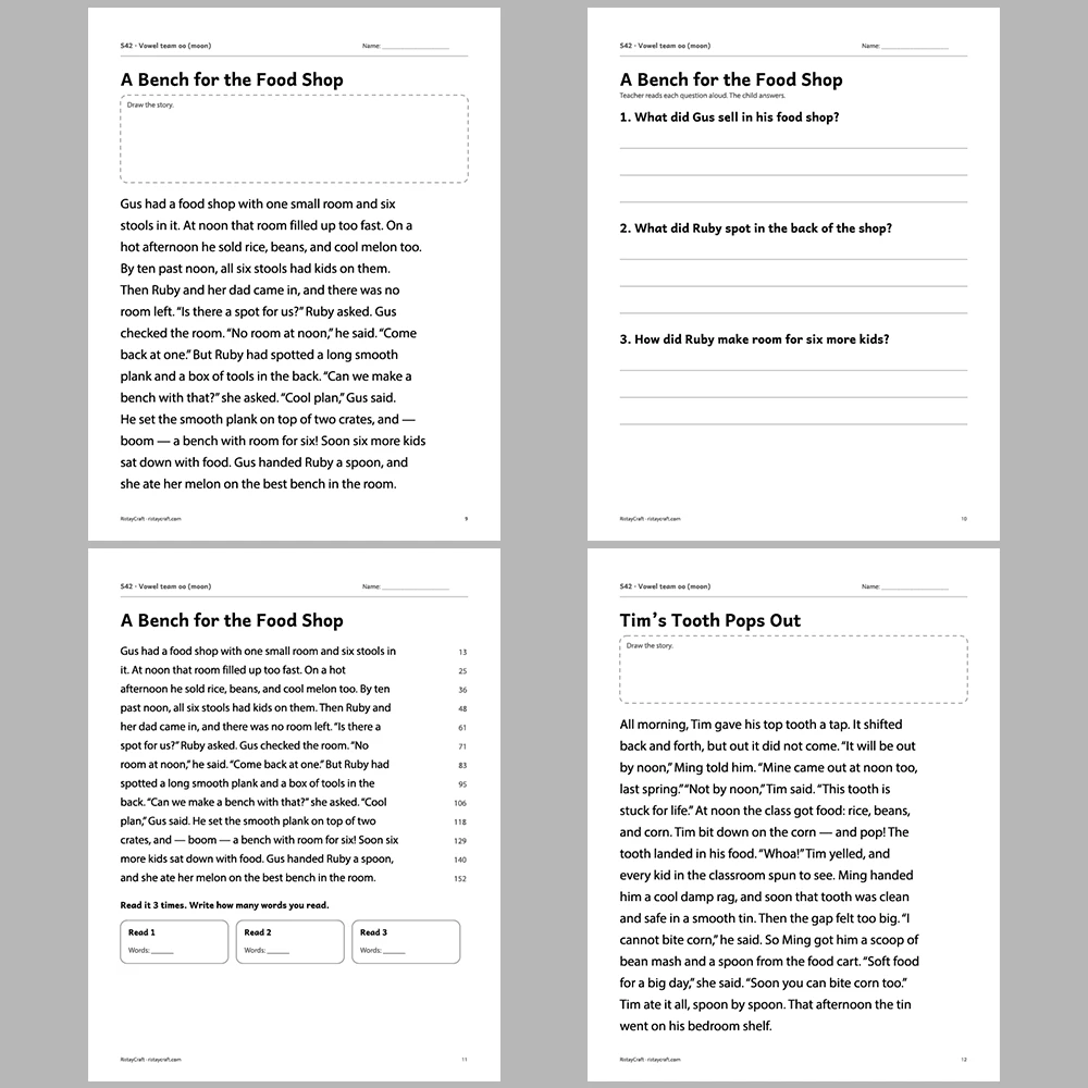 Vowel team oo (moon) Decodable Readers | 10 Stories 44 Pages | Phonics Printable PDF | Ages 6-9