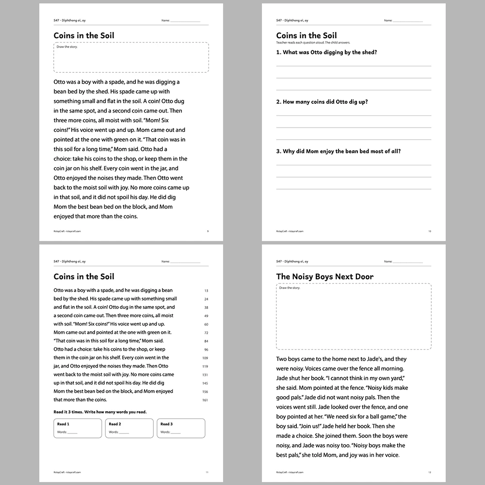 Diphthong oi, oy Decodable Readers | 10 Stories 44 Pages | Phonics Printable PDF | Ages 6-9